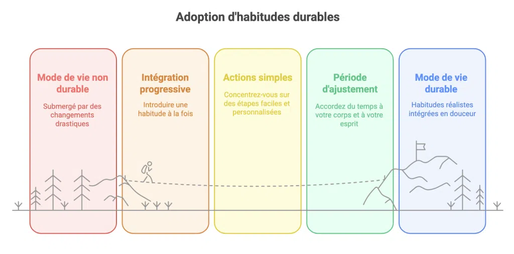 Infographie montrant les étapes de l’adoption progressive d’habitudes durables pour mieux vivre avec le diabète