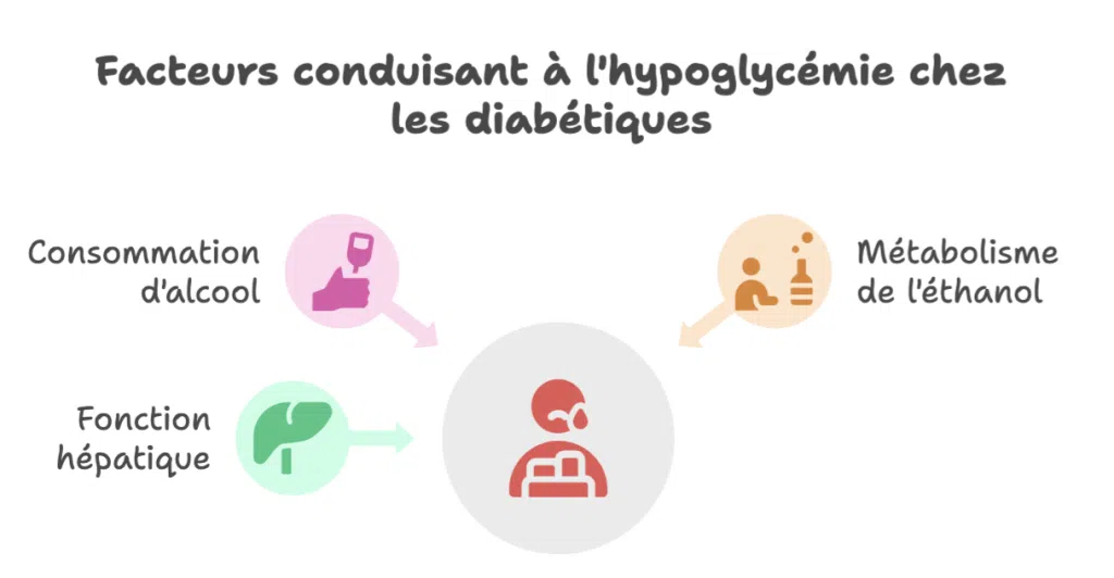Schéma illustrant les facteurs pouvant provoquer une hypoglycémie chez les personnes diabétiques : consommation d’alcool, métabolisme de l’éthanol et fonction hépatique.