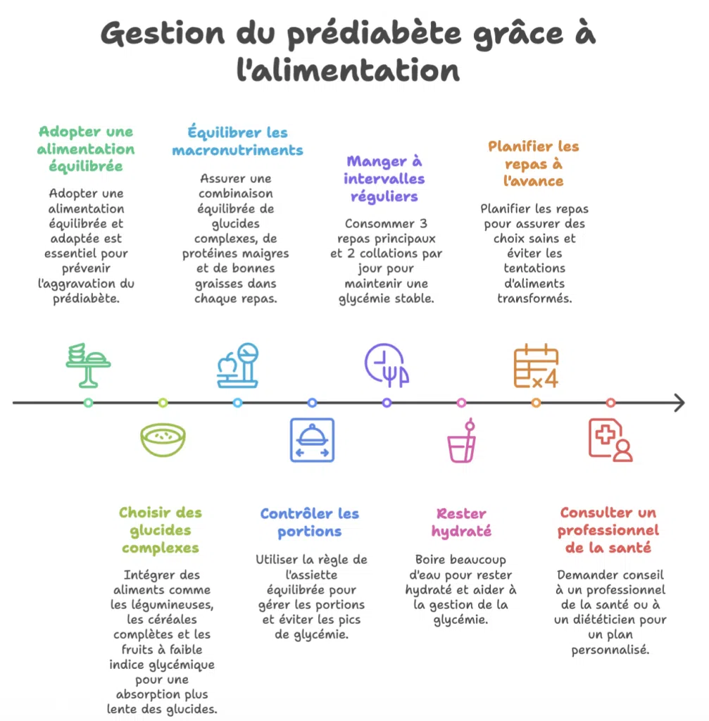 Infographie présentant les piliers de l’alimentation pour prévenir le prédiabète : alimentation équilibrée, repas réguliers, glucides complexes, hydratation, suivi médical