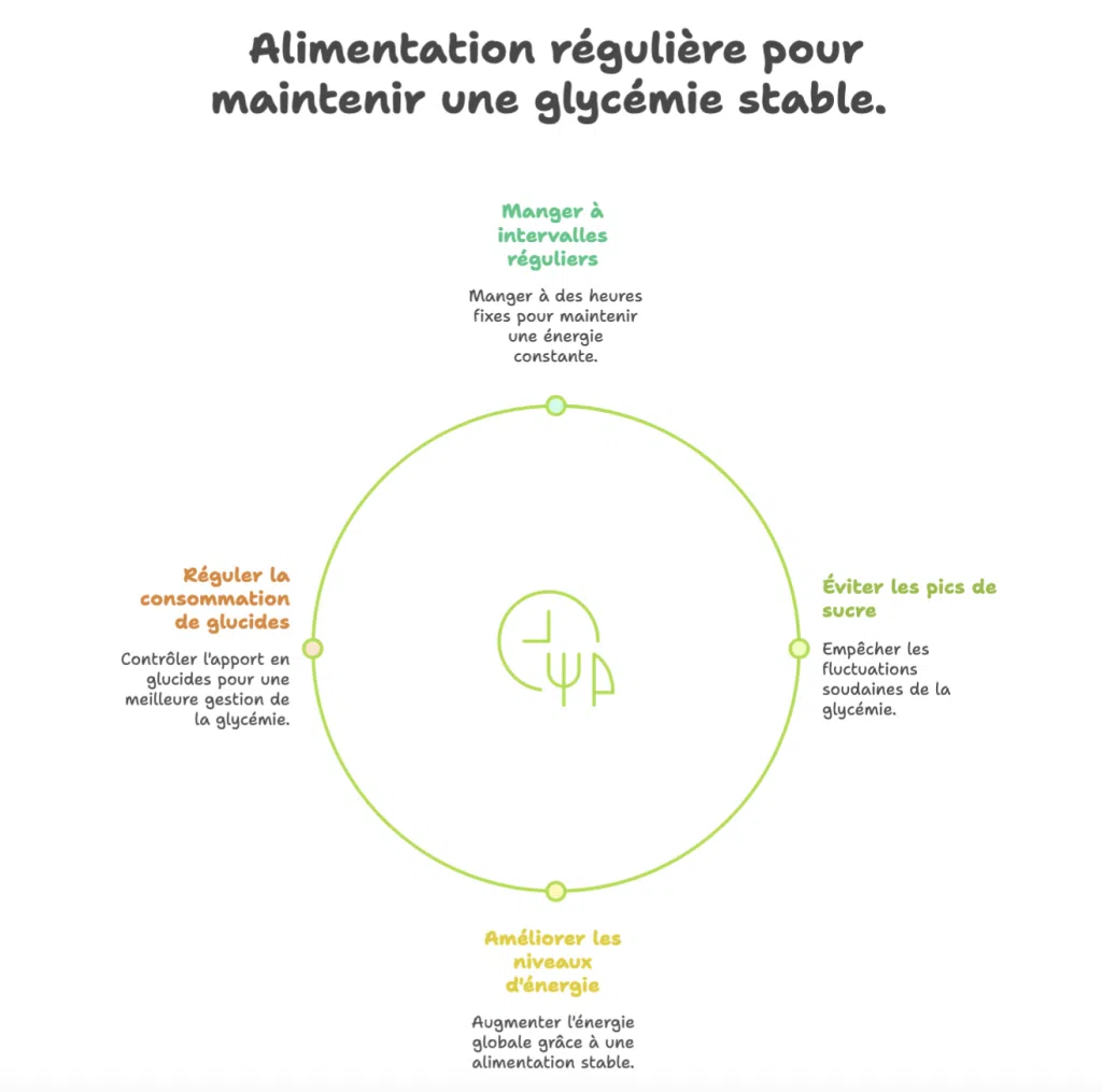 Infographie sur les bénéfices d’une alimentation régulière pour les diabétiques : manger à intervalles fixes, éviter les pics de sucre, réguler les glucides, améliorer l’énergie