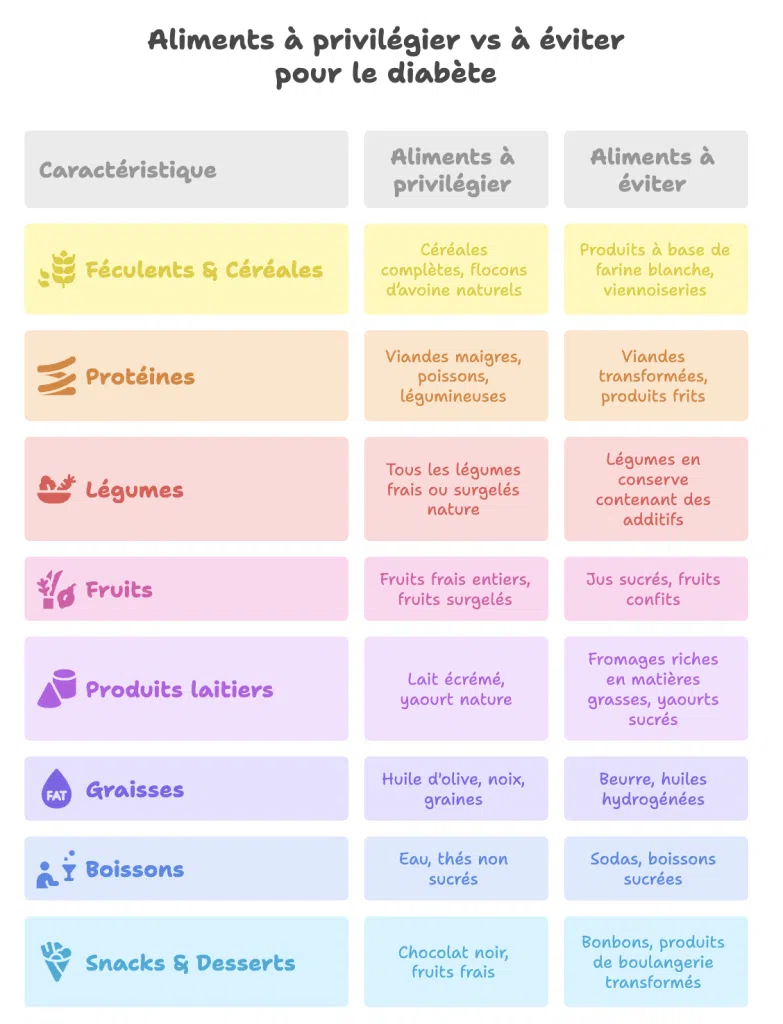 Tableau comparatif des aliments à privilégier et à éviter pour les personnes diabétiques, par catégorie : féculents, protéines, légumes, fruits, produits laitiers, graisses, boissons, snacks et desserts