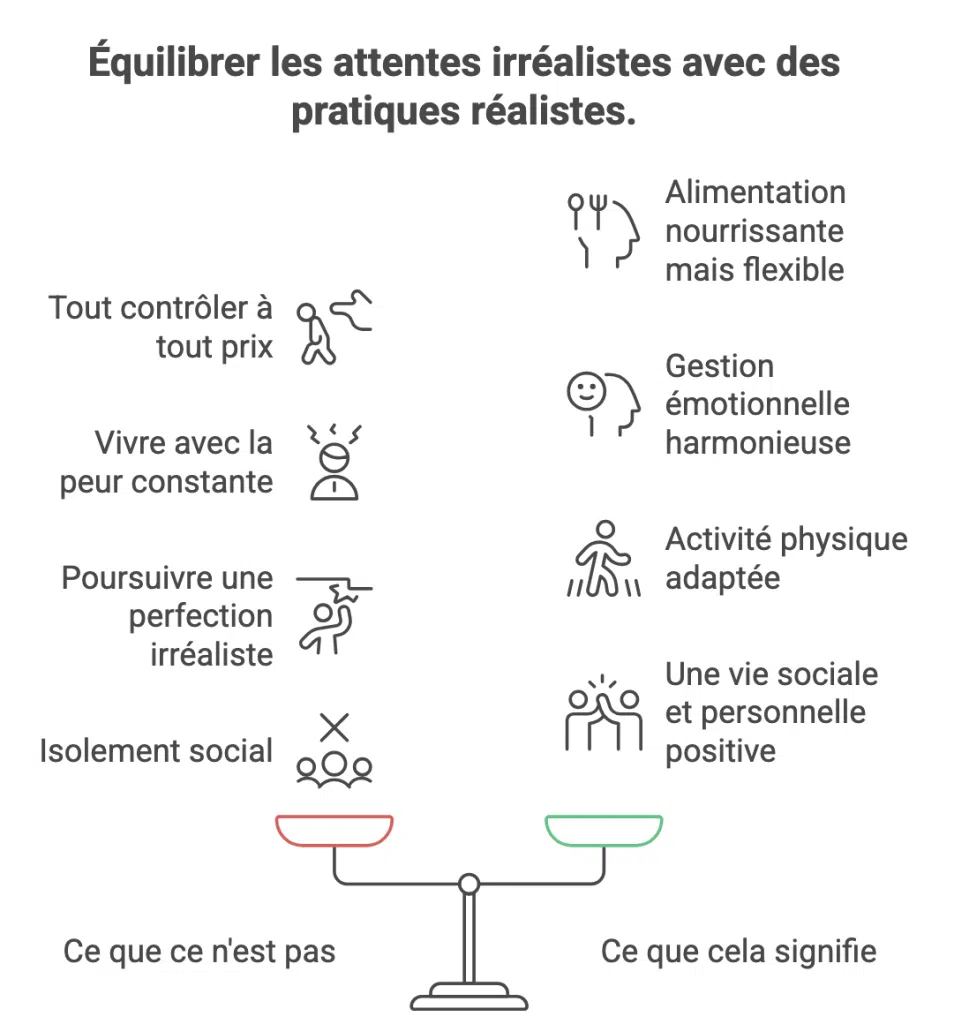 Illustration comparant les attentes irréalistes liées au diabète à des pratiques réalistes : alimentation flexible, activité adaptée, gestion émotionnelle, vie sociale positive
