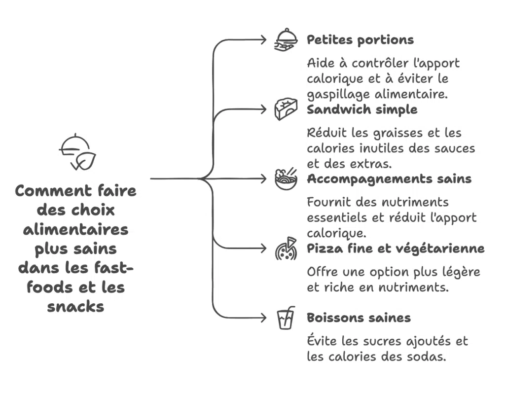 Infographie donnant des astuces pour faire des choix plus sains dans les fast-foods et snacks, adaptés aux personnes diabétiques.