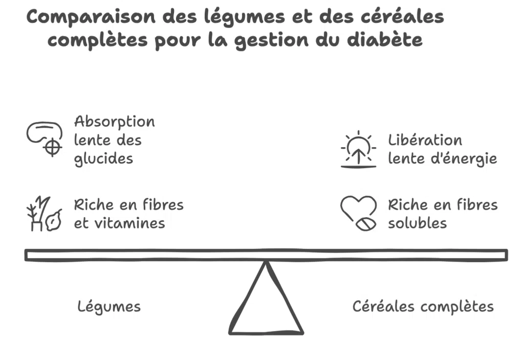 Illustration comparative des bienfaits des légumes et des céréales complètes pour la gestion du diabète