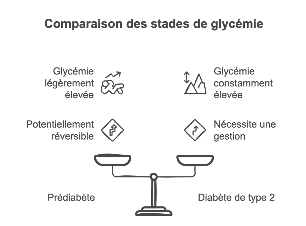 Infographie comparant le prédiabète et le diabète de type 2 selon le niveau de glycémie et la gestion nécessaire