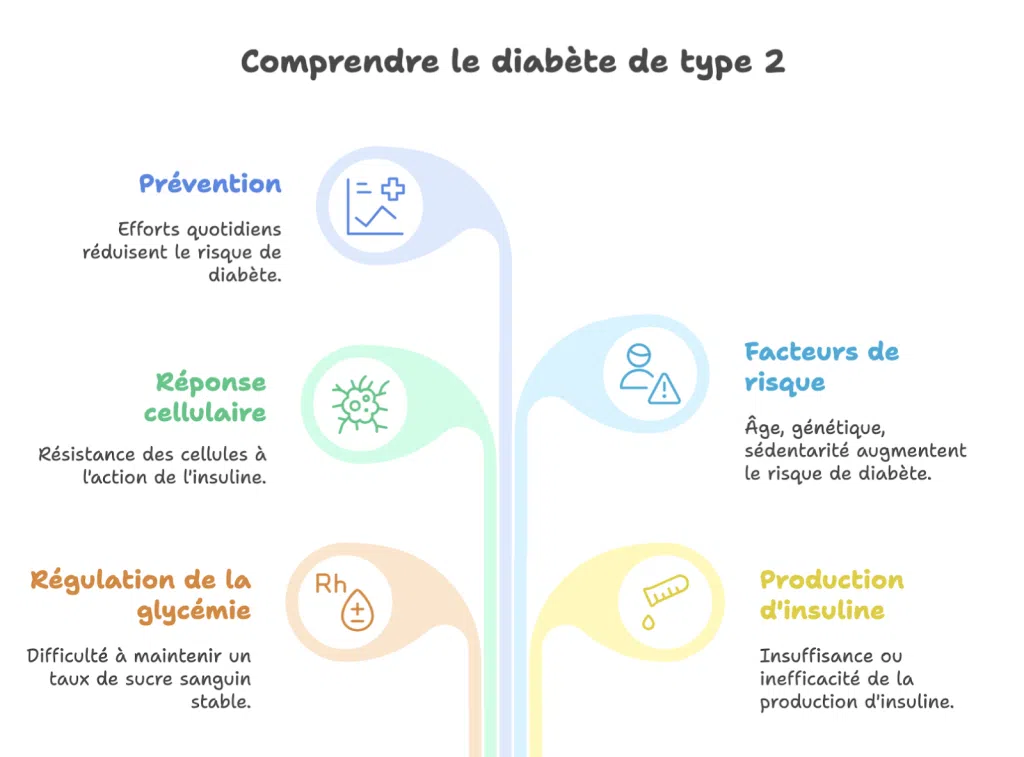 Infographie sur les facteurs de risque et le fonctionnement du diabète de type 2