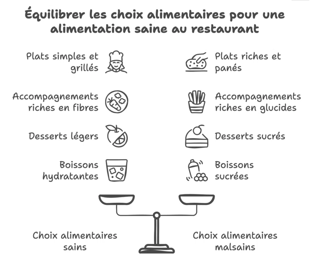 Infographie comparant des choix alimentaires sains et malsains au restaurant pour aider les personnes diabétiques à composer un repas équilibré.