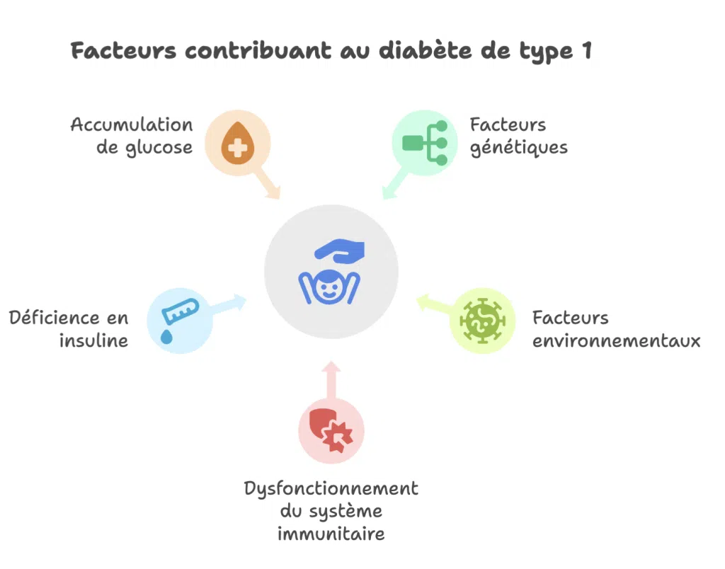 Infographie des causes possibles du diabète de type 1 chez l’enfant, incluant la génétique, le système immunitaire et l’environnement