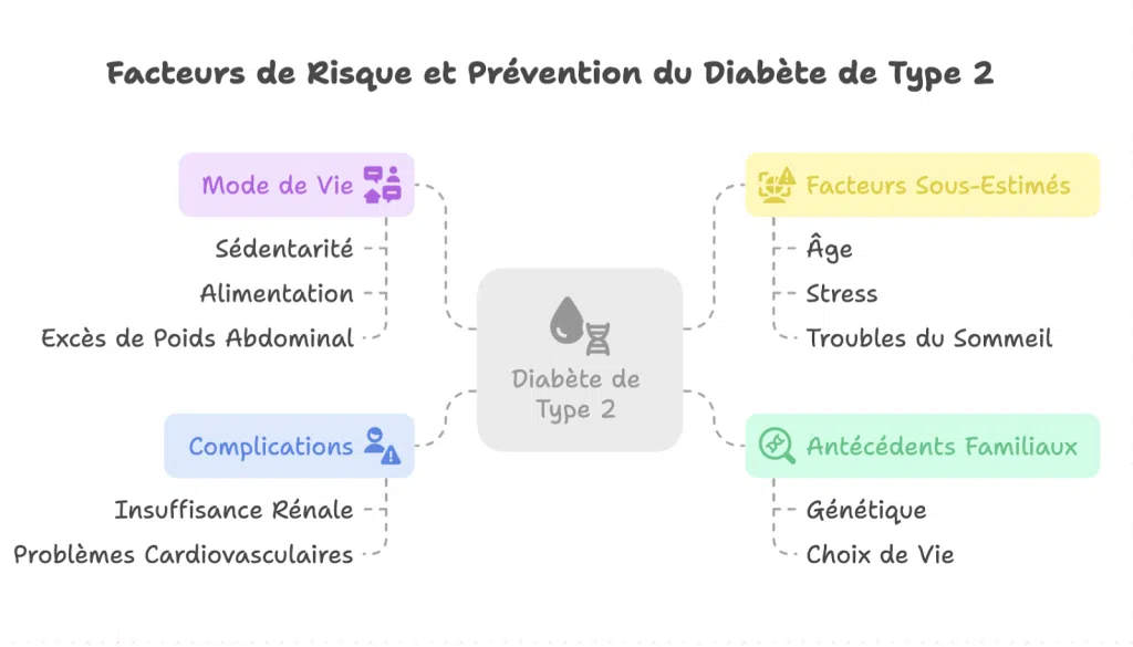 Schéma des facteurs de risque du diabète de type 2 : mode de vie, antécédents familiaux, complications, stress, troubles du sommeil et excès de poids abdominal.