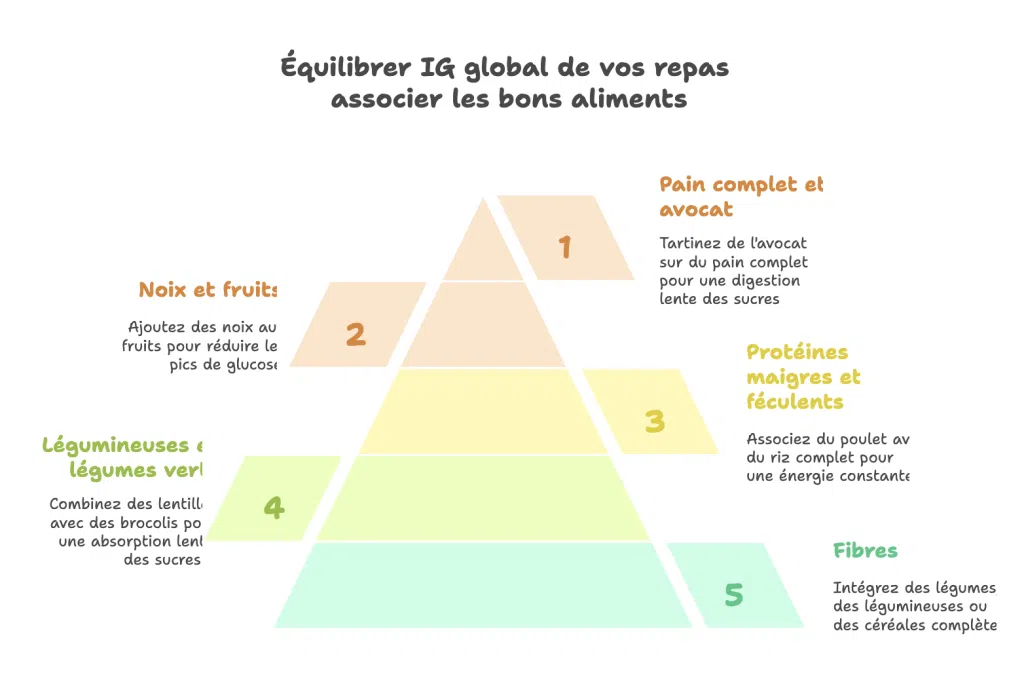 Infographie illustrant comment réduire l’indice glycémique global d’un repas en associant intelligemment certains aliments comme les fibres, légumineuses, protéines maigres ou pain complet.