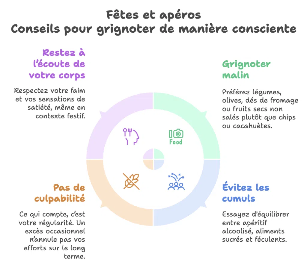 Infographie expliquant comment grignoter de manière consciente lors d’un apéritif ou d’une fête quand on vit avec un diabète.