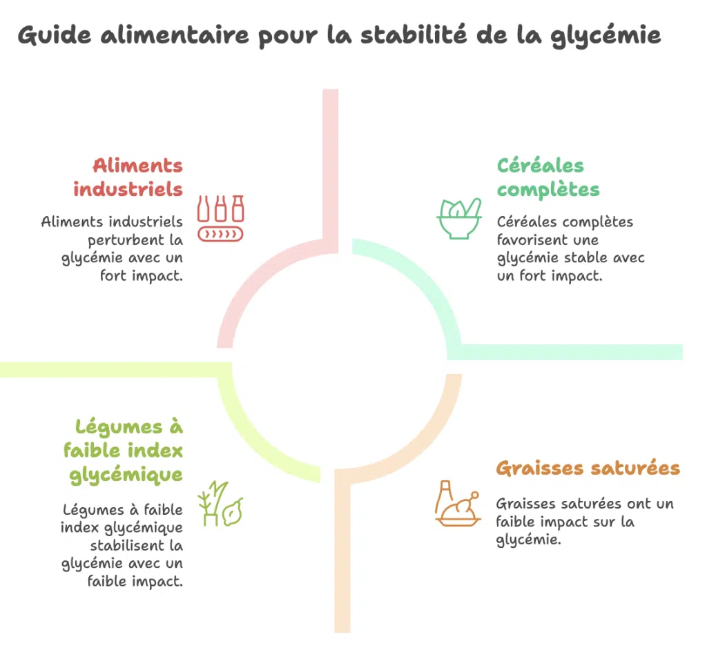Infographie montrant les effets des aliments industriels, céréales complètes, légumes à faible index glycémique et graisses saturées sur la stabilité de la glycémie