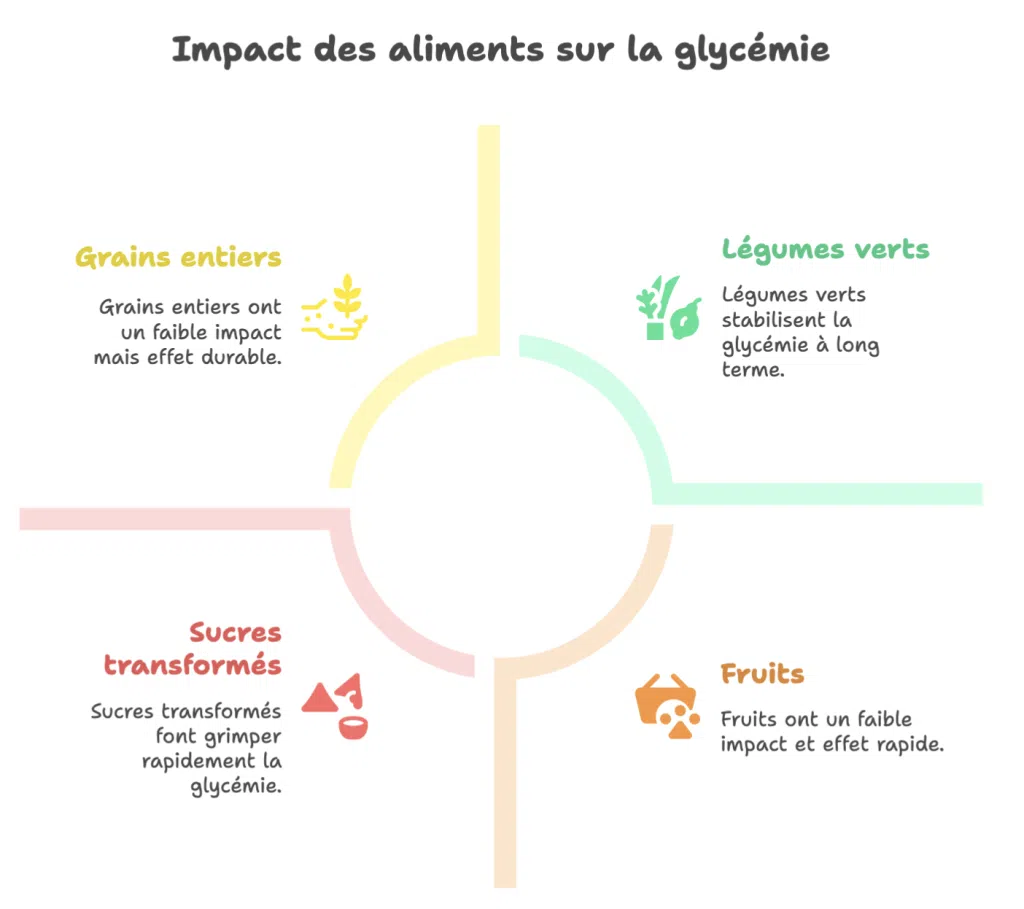 Illustration des effets des aliments sur la glycémie : grains entiers, légumes verts, sucres transformés, fruits