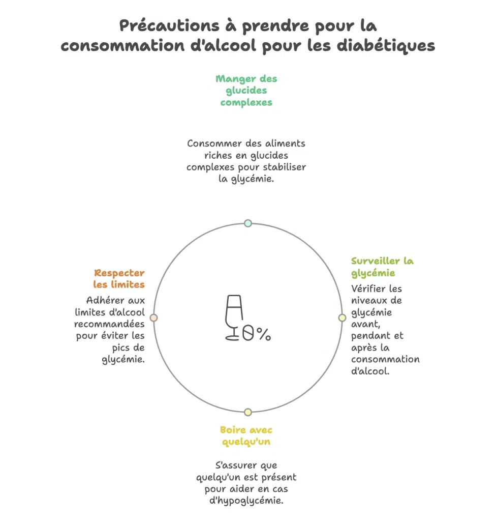 Schéma présentant les précautions à suivre pour consommer de l’alcool en toute sécurité avec un diabète : manger des glucides complexes, surveiller sa glycémie, respecter les limites d’alcool et ne pas boire seul.