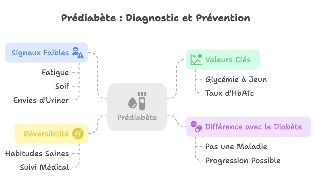 Infographie sur le prédiabète : symptômes faibles, indicateurs biologiques, différence avec le diabète, et prévention par habitudes de vie