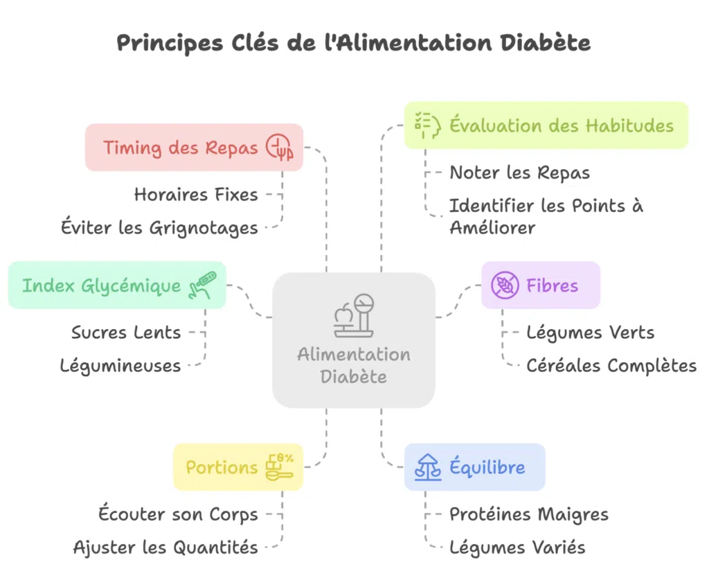Schéma des principes clés d’une alimentation diabète : horaires fixes, index glycémique bas, ajustement des portions, fibres, équilibre et auto-évaluation