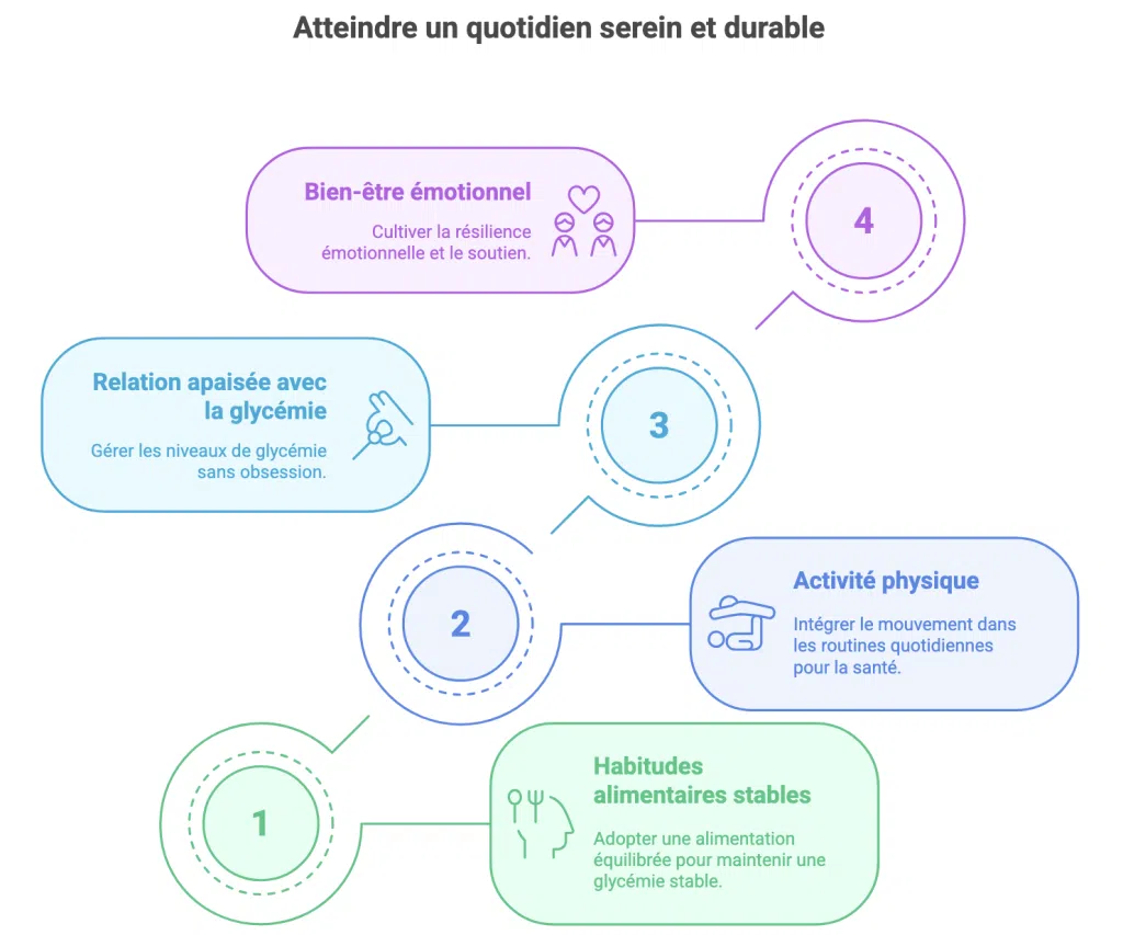 Infographie des 4 piliers pour un quotidien serein avec le diabète : habitudes alimentaires, activité physique, relation apaisée avec la glycémie, bien-être émotionnel