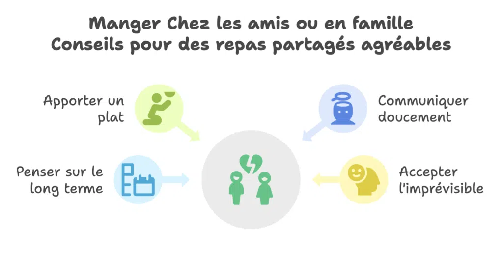 Infographie listant des conseils pour mieux vivre les repas partagés avec des proches quand on a un diabète : apporter un plat, communiquer, penser long terme, accepter l’imprévu.
