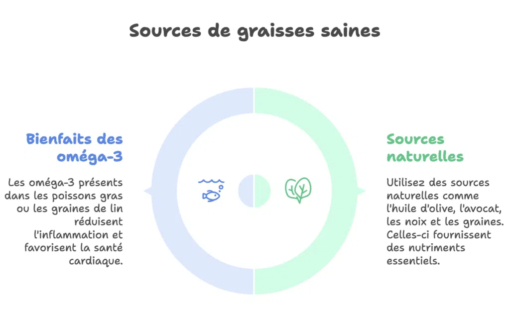 Infographie sur les sources de graisses saines recommandées pour les personnes diabétiques, incluant les oméga-3 et les huiles naturelles