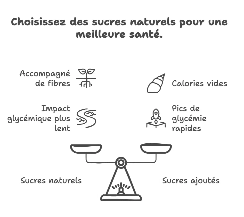 Infographie comparant les sucres naturels et les sucres ajoutés en termes d’impact glycémique, de fibres et de qualité nutritionnelle.
