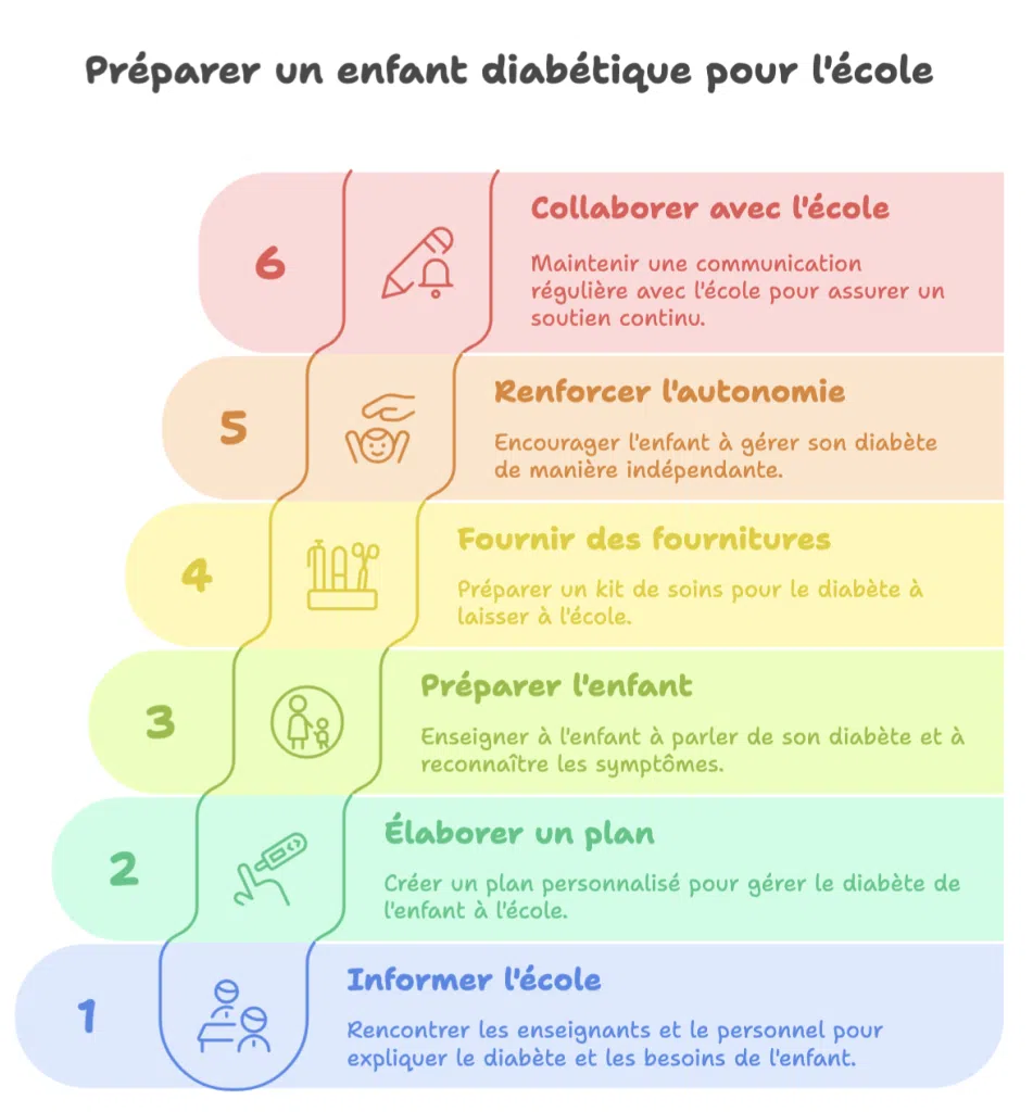 Étapes pour préparer un enfant diabétique à l’école : informer l’école, établir un plan, préparer l’enfant, fournir du matériel, encourager l’autonomie et collaborer avec l’école