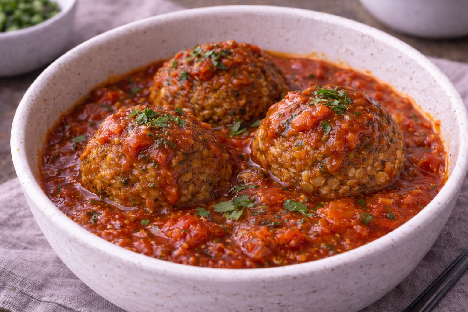 Boulettes de lentilles corail accompagnées d’une sauce tomate maison, déjeuner végétarien à index glycémique bas