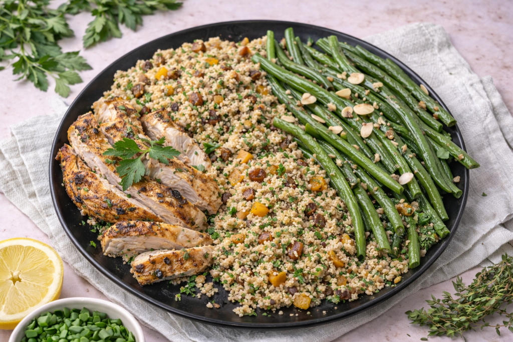 Poulet rôti familial avec quinoa et haricots verts, déjeuner équilibré à index glycémique bas