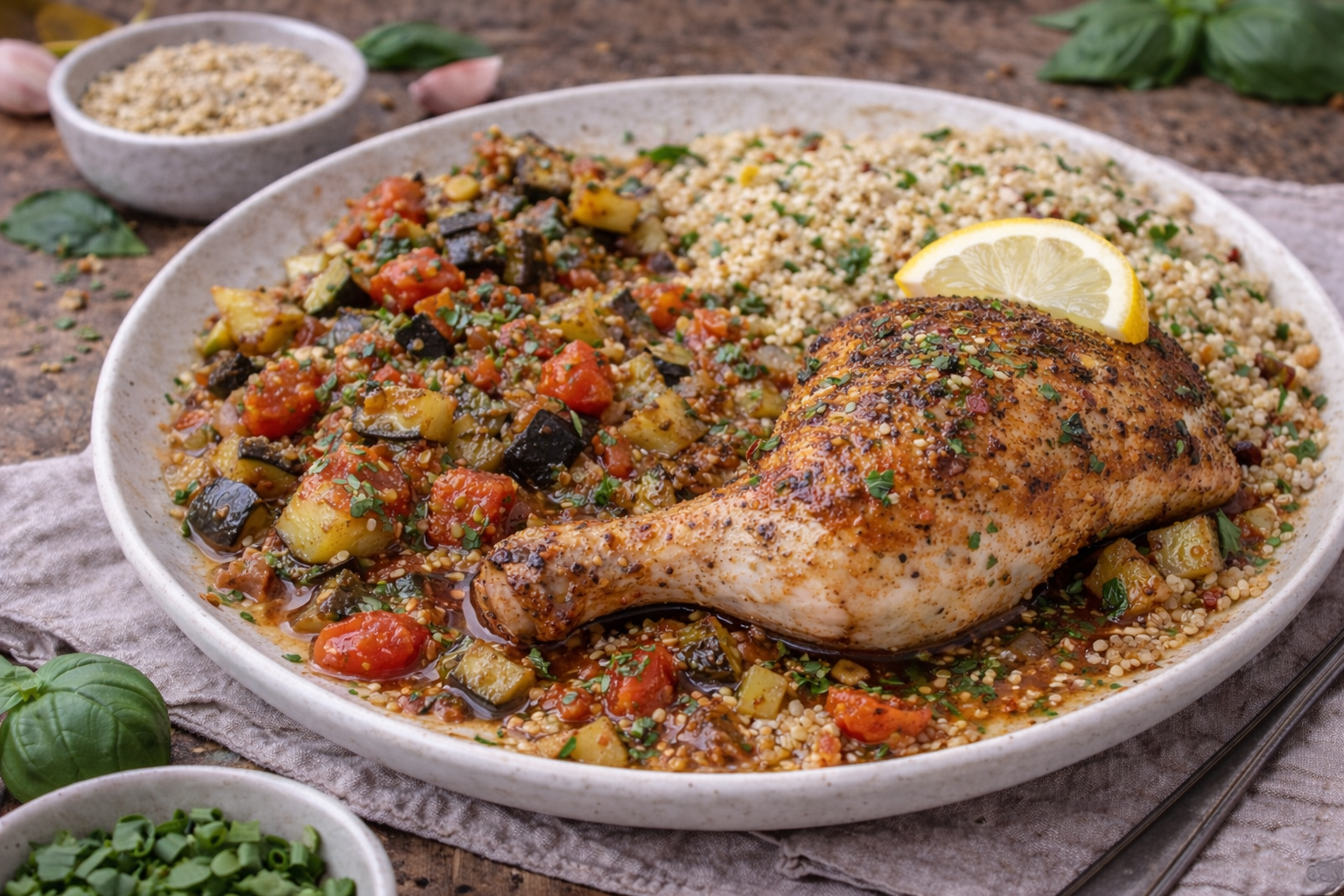 Poulet rôti accompagné de ratatouille maison et quinoa, repas équilibré à index glycémique bas pour diabète type 2