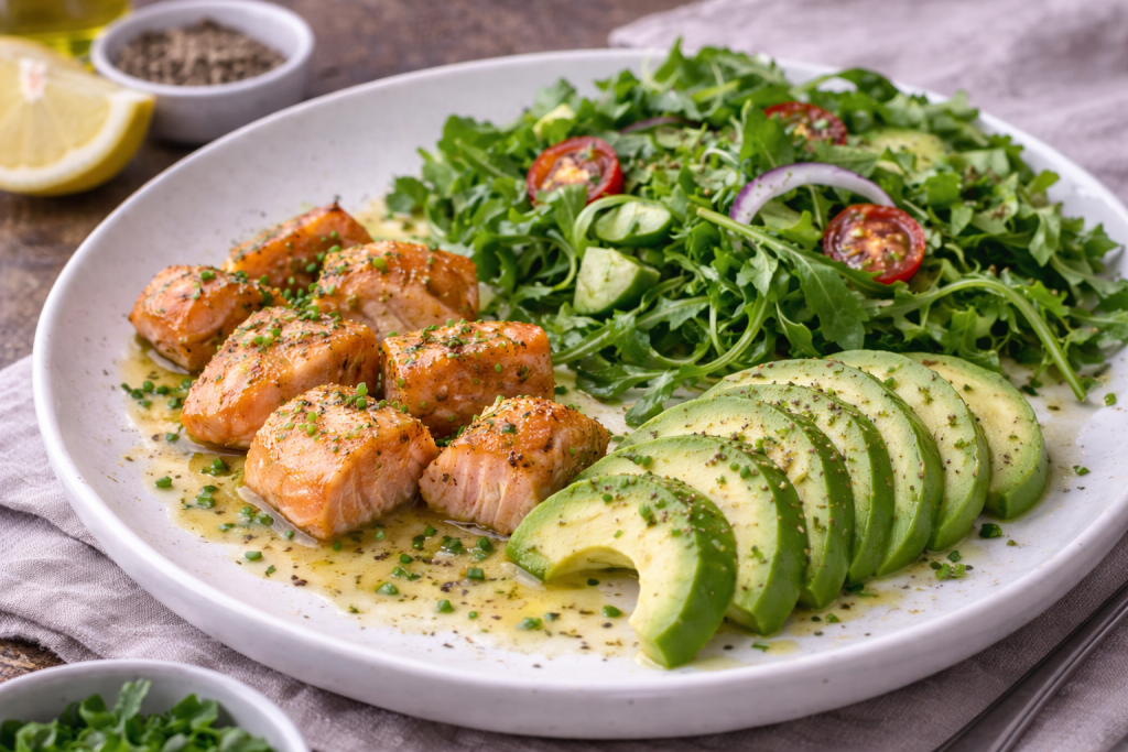 Saumon fumé avec avocat et salade verte, déjeuner riche en bons lipides à index glycémique bas