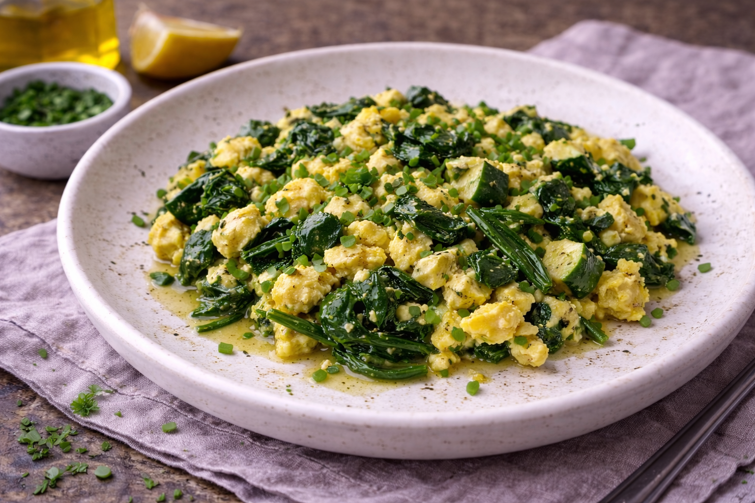 Œufs brouillés aux légumes sautés et huile d’olive, recette IG bas équilibrée, adaptée à l’alimentation des personnes diabétiques