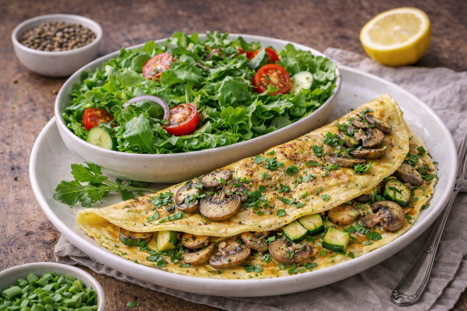 Omelette légère aux champignons et courgettes avec salade verte, déjeuner à index glycémique bas
