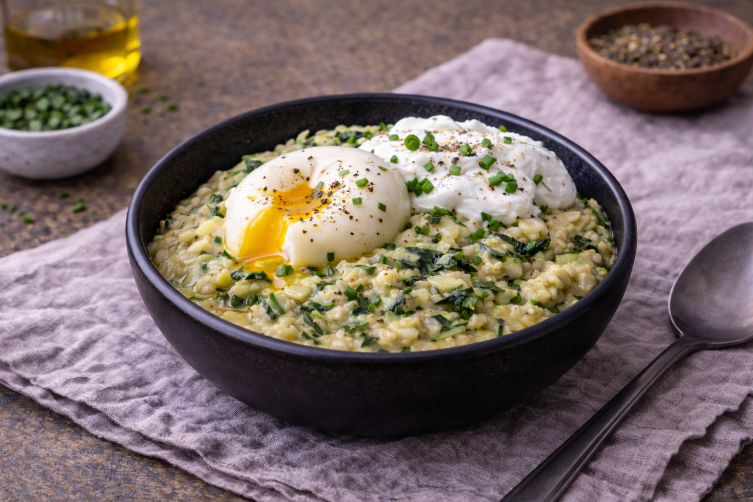 Porridge salé d’avoine IG bas avec œuf mollet et légumes verts, petit-déjeuner adapté au diabète