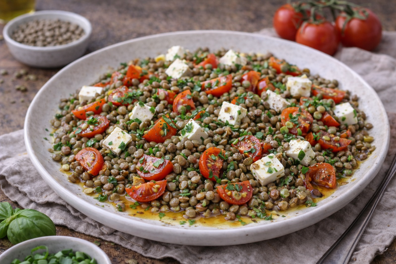 Salade tiède de lentilles avec feta, tomates et huile d’olive, déjeuner équilibré à index glycémique bas