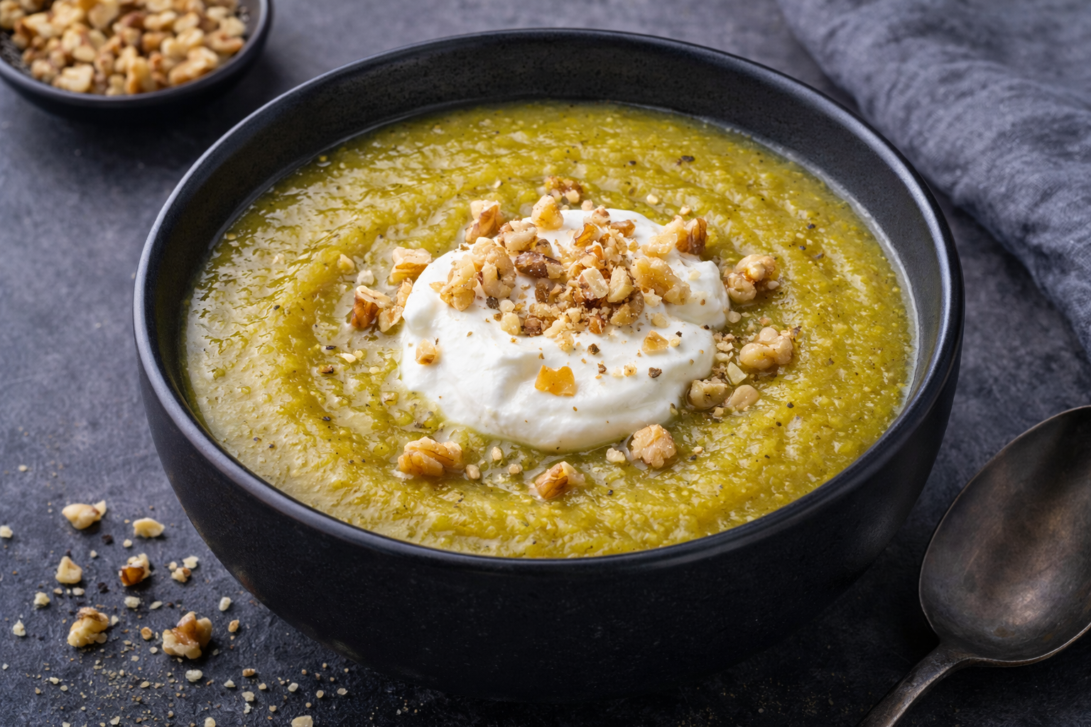 Soupe de légumes maison avec fromage blanc et noix, dîner léger à index glycémique bas